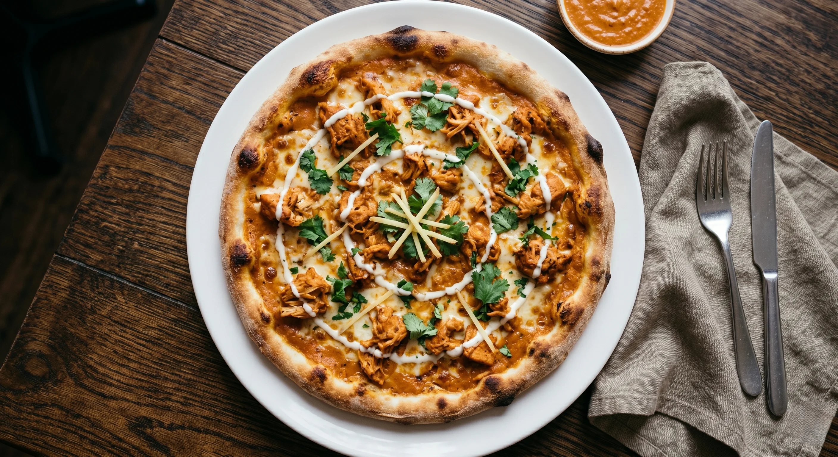 Butter Chicken Flatbread Pizza topped with halal chicken and creamy masala at Taj Mahal Food, London, Ontario