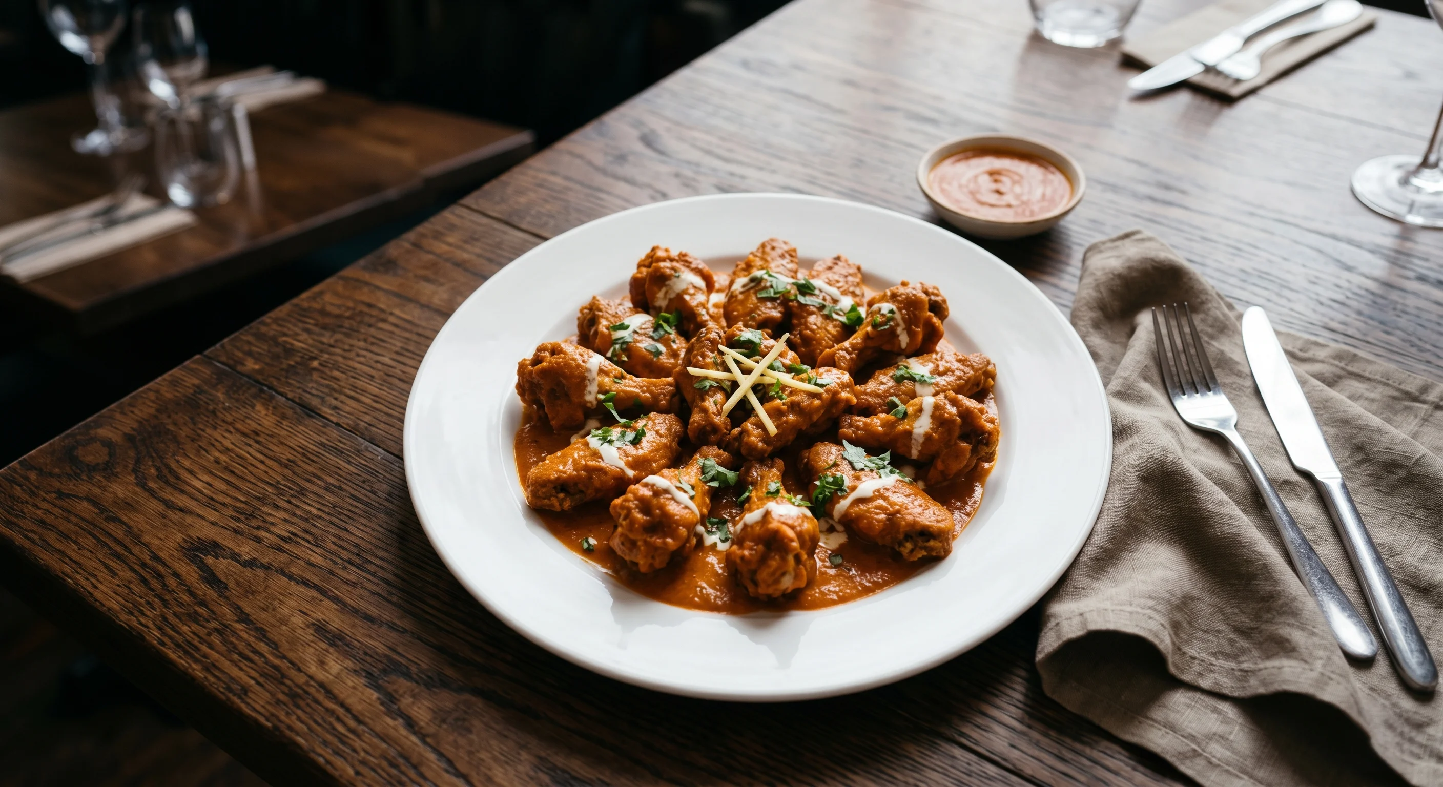 Butter Chicken Wings tossed in creamy tomato-butter masala at Taj Mahal Food, London, ON